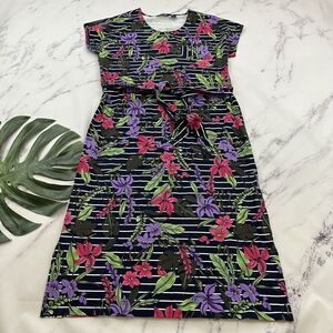 Lands End Womens Midi Dress Size M Navy Blue Floral Stripe Cap Sleeve Stretch